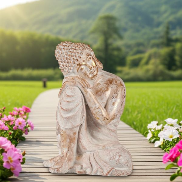 Figura Buda Jardín Ibergarden - Estatua Blanco Dorado 54 cm - TU ULTIMO CLIC