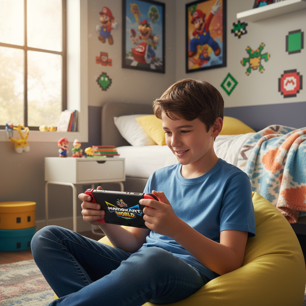 Niño jugando Mario Kart World portátil - Mario Kart World Switch 2