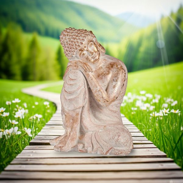 Figura Buda Jardín Ibergarden - Estatua Blanco Dorado 54 cm - TU ULTIMO CLIC