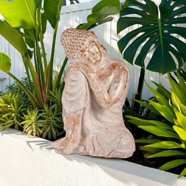 Figura Buda Jardín Ibergarden - Estatua Blanco Dorado 54 cm - TU ULTIMO CLIC