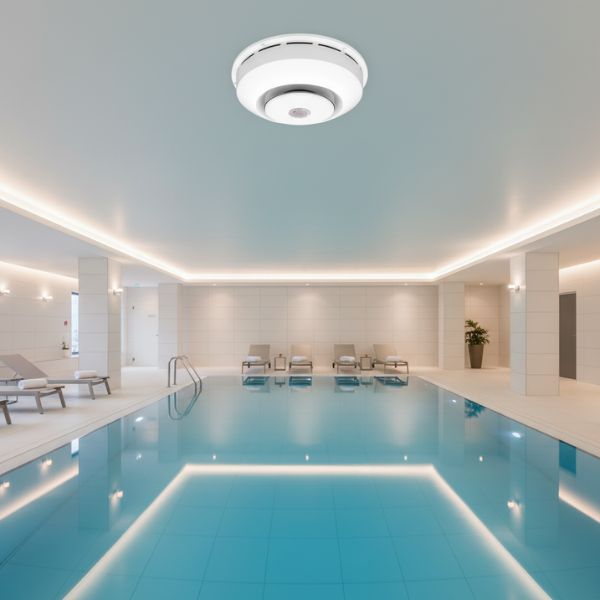 Solius DRY SIREN – Deshumidificador de Techo para Piscinas con LED, Bluetooth y Sistema MicroLIGHT Puma