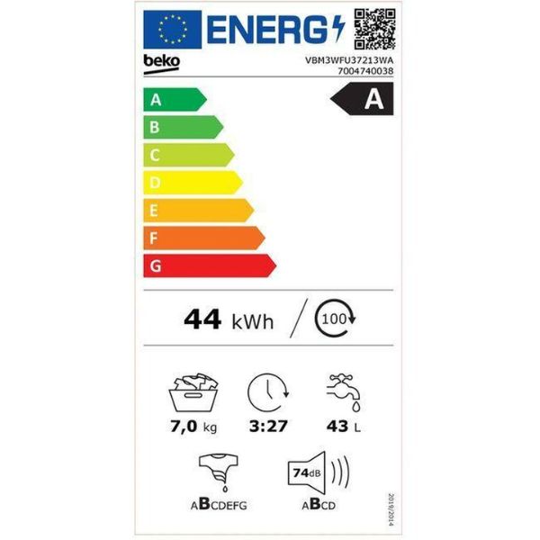 Lavadora Beko VBM3WFU37213WA | 7kg 1200rpm | Clase A | SteamCure™ Antialérgenos | Blanco BEKO