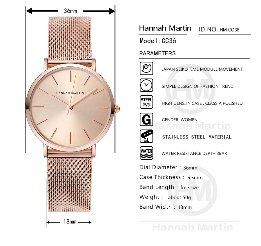 Reloj Mujer Hannah Martin HM-CC36 - 19 Colores Elegantes con Movimiento de Cuarzo - TU ULTIMO CLIC