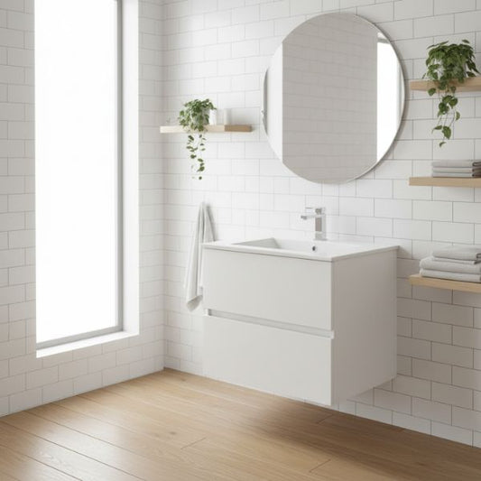 Mueble de Baño Suspendido Sevilla con Lavabo 80 cm Blanco – Estilo Moderno Sin Espejo Ingersoll 1892