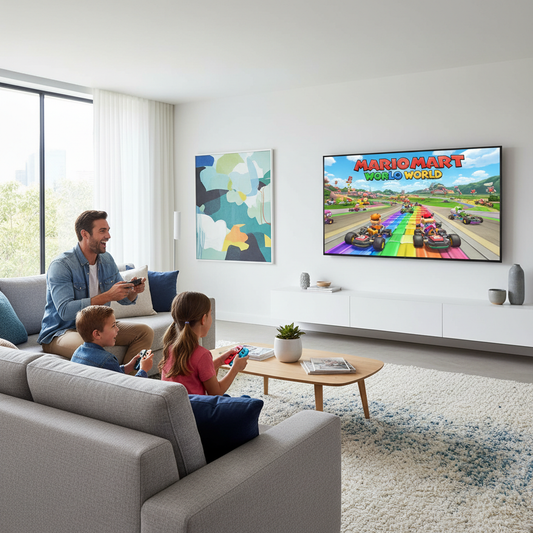 Familia jugando Mario Kart World - Mario Kart World Switch 2