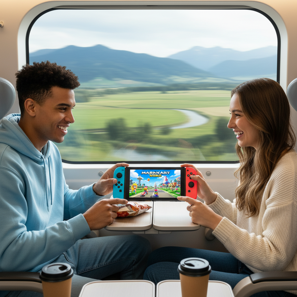 Pareja jugando Mario Kart World en viaje - Mario Kart World Switch 2